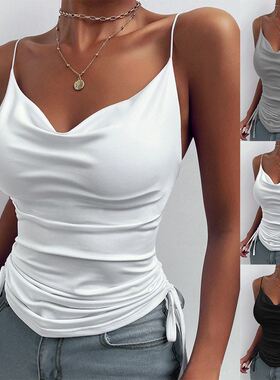 欧美风夏季亚马逊新款女士纯色深V领吊带紧身抽绳休闲小背心T恤
