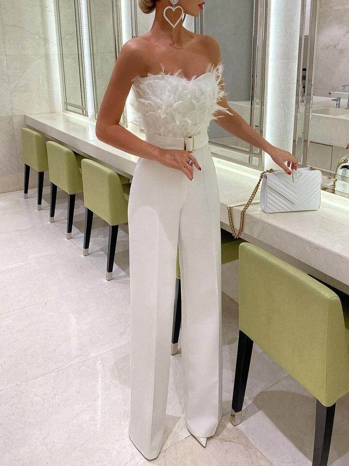 Women sexy party evening dress 欧美羽毛抹胸性感时尚连体裤