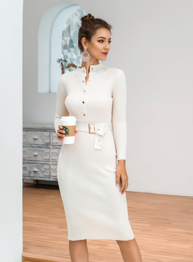 2020秋冬欧美亚马逊爆款女装修身毛织连衣裙高领腰带连衣裙