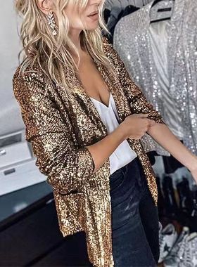 春季欧美亮片长袖气质小西装外套Women elegant Sequin dress