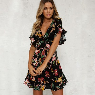 2018 summer women printed ruffled dress  short sleeves beach