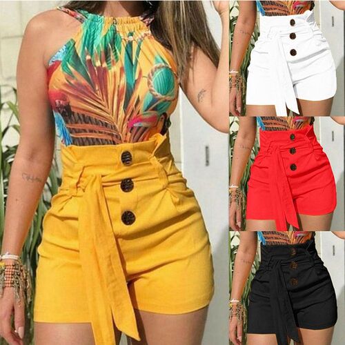 women summer High waist shorts fabric pants lady 女高腰短裤