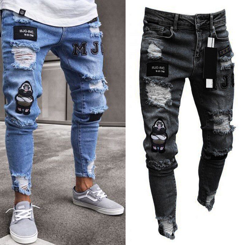 Broken hole young man with elastic legs 小脚牛仔裤男