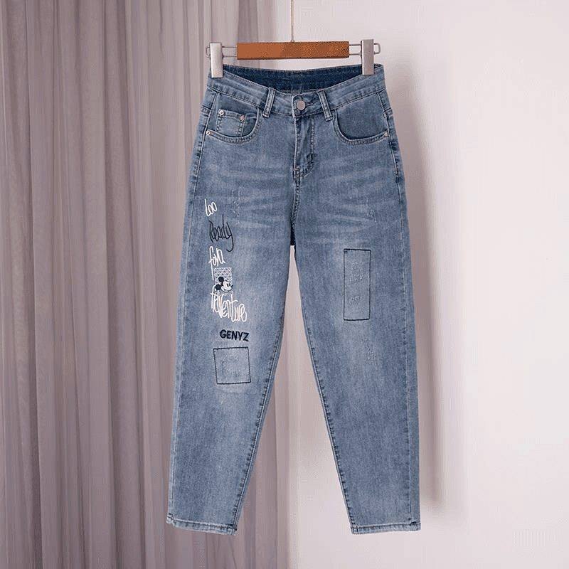 蓝色老爹牛仔裤女2026春季新款高腰显瘦宽松小个子九分小脚哈伦裤