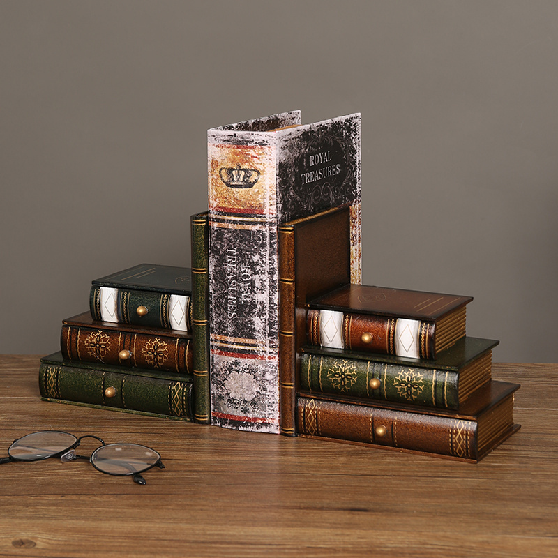 创意书挡摆件书房书架装饰品木质复古假书仿真书档书立收纳盒摆设