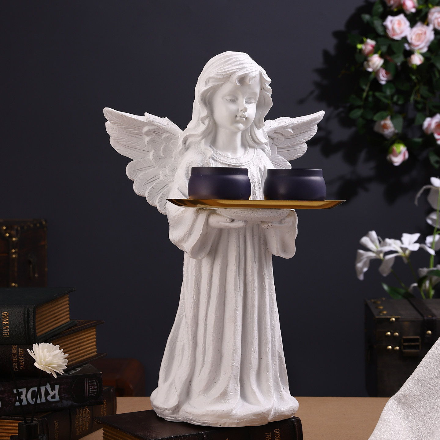 欧式复古天使托盘摆件美式树脂石膏雕塑雕像天使女孩桌面装饰品,家居饰品,落地摆件,淘宝优惠券,粉丝福利购,淘宝优惠卷