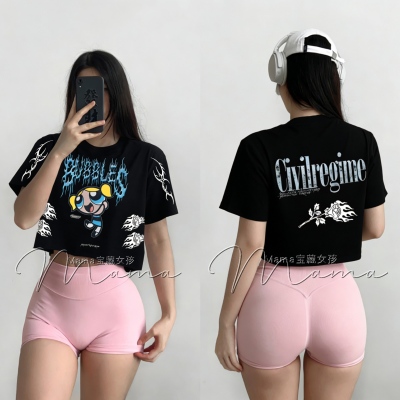小女警重磅纯棉女健身短袖T恤