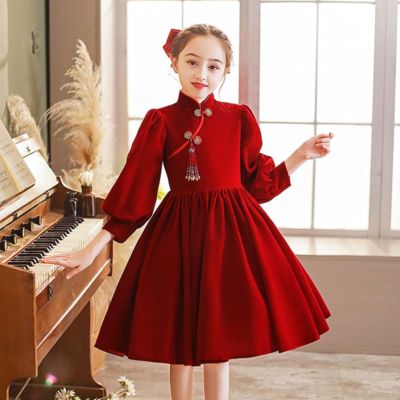 女童生日公主裙红色中式小女孩