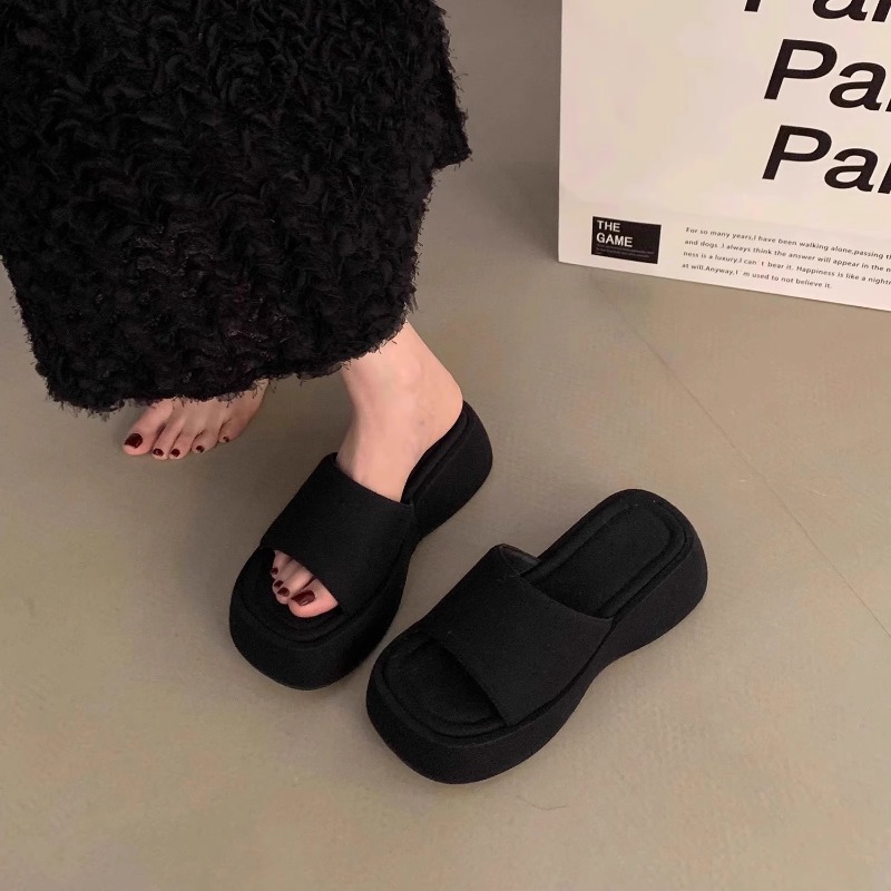 软羊皮~厚底凉拖鞋女夏外穿2025新款防滑黑色一字拖鞋配裙子凉鞋