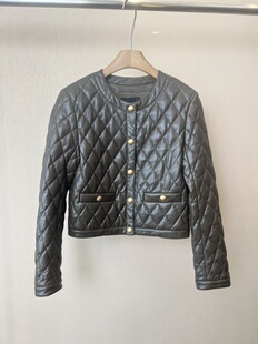 纯元PU皮菱格羽绒服小香风金属暗扣短款深棕色气质百搭防风保暖