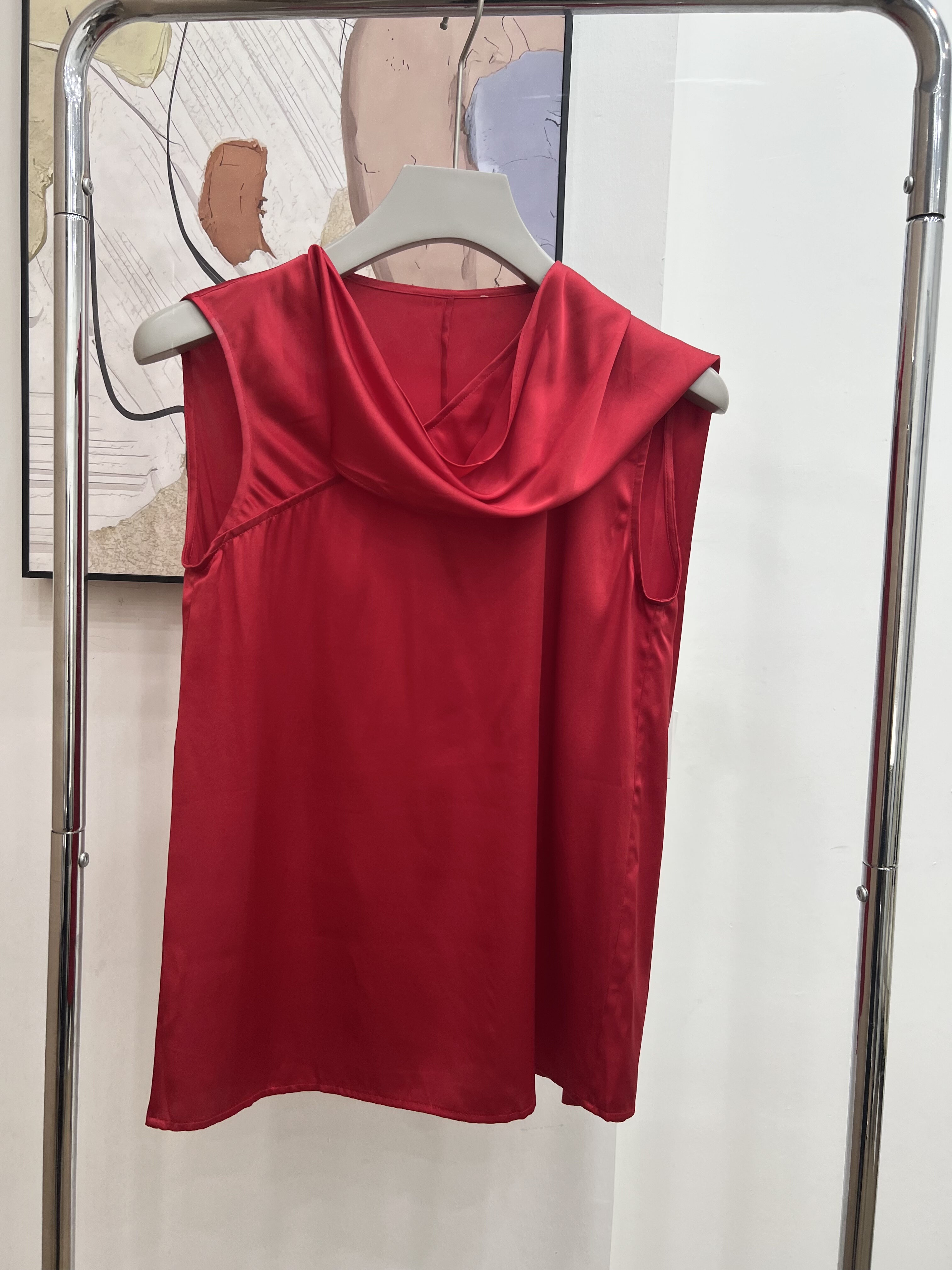 特价ED元单桑蚕丝无袖荡领飘带背心大红色真丝上衣飘逸轻薄舒适