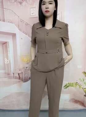 春夏新款纯色时尚洋气妈妈套裤百搭宽松大码显瘦夏季两件套装