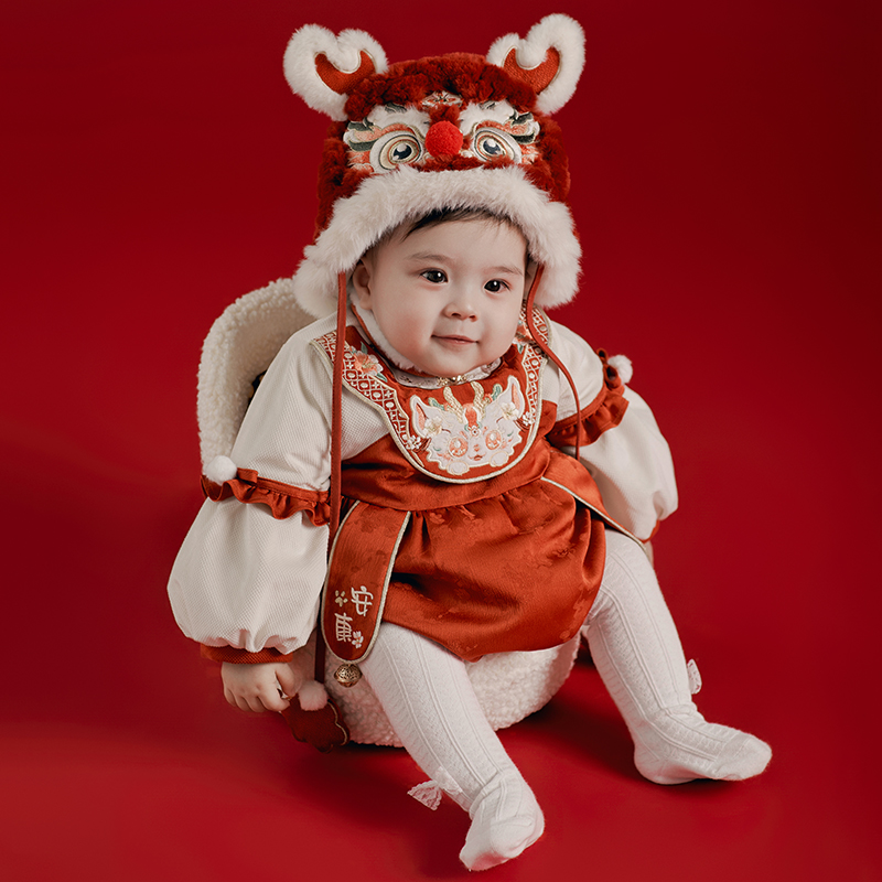 女童婴幼儿周岁礼服女宝宝满月百天喜庆过年装龙年加绒冬款拜年服