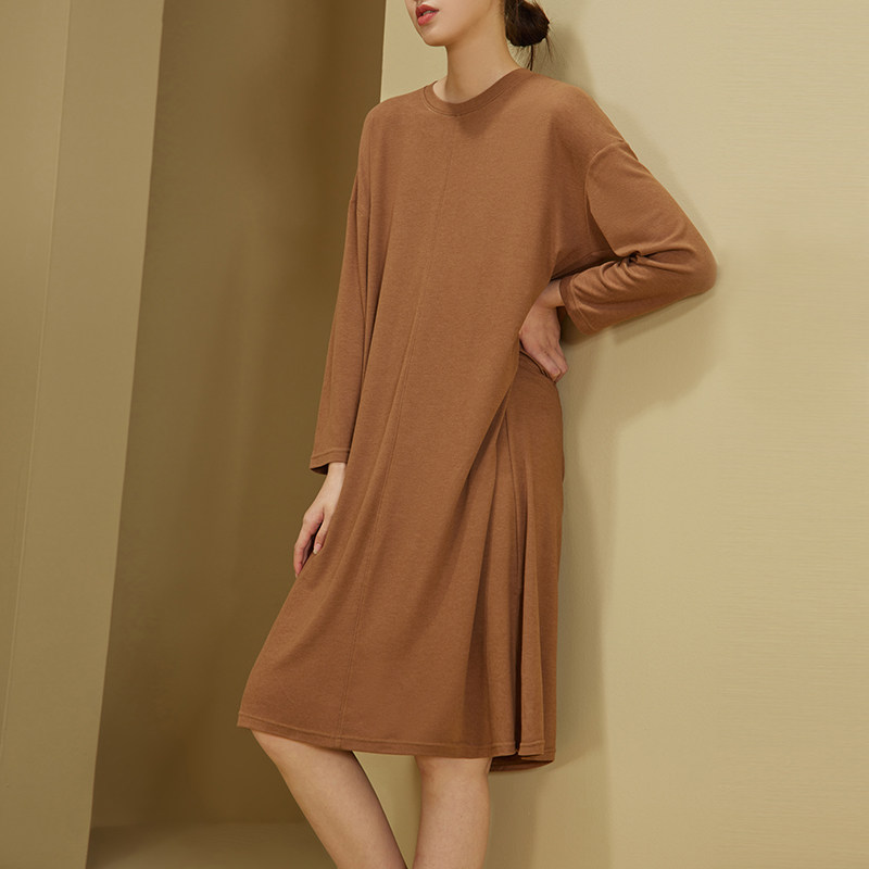 睡裙长袖家居服女可出门2021年新款秋冬宽松休闲磨毛睡衣连衣裙子