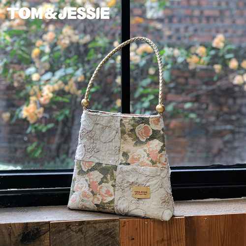 tom&jessie原创【香槟玫瑰】金丝提花布艺单肩包包女四宫格小方包