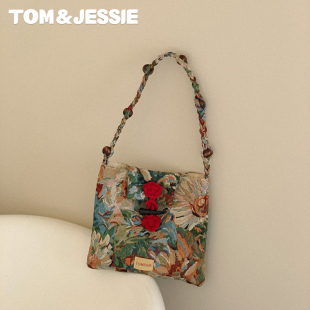 原创莫奈花园复古布艺小单肩包tomssie秋冬新款百搭休闲轻便小包