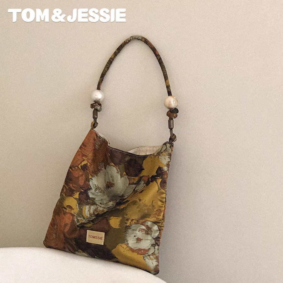 原创耳环少女复古提花珍珠托特包tomssie春夏新款百搭气质单肩包