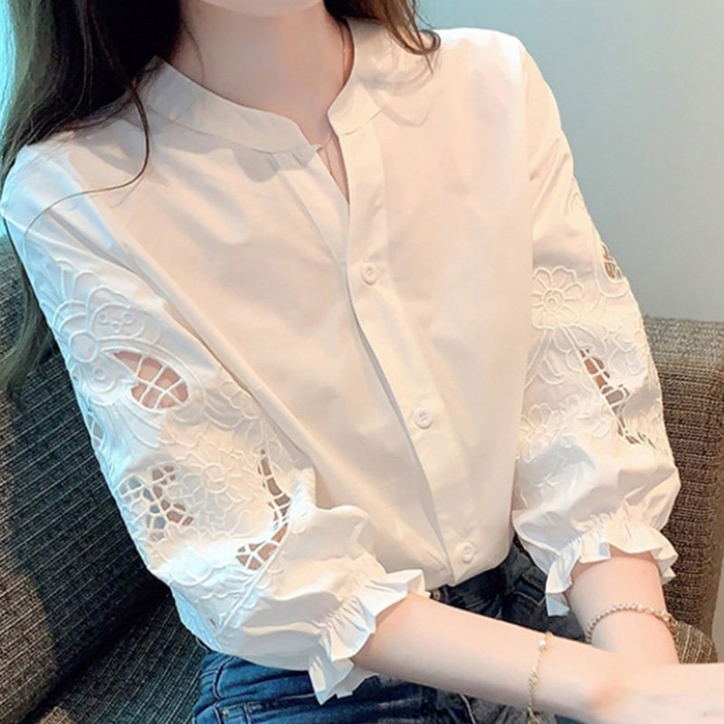 重工刺绣泡泡灯笼短袖衬衫女早秋装2025夏季新款衬衣七分袖白上衣