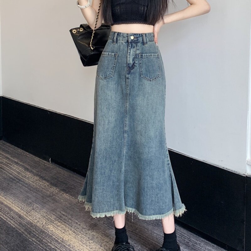 复古牛仔半身裙女2026年春夏季新款高腰显瘦毛边中长版鱼尾裙子潮