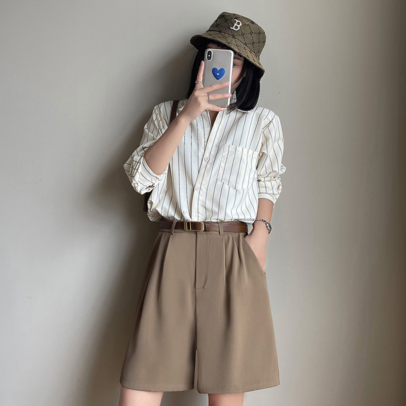 卡其色西装短裤女夏季薄款高腰显瘦宽松直筒休闲百搭阔腿五分裤子