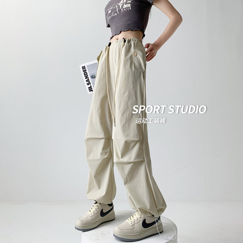 杏色工装裤女夏季美式降落伞2025新款高腰阔腿速干休闲春秋运动裤