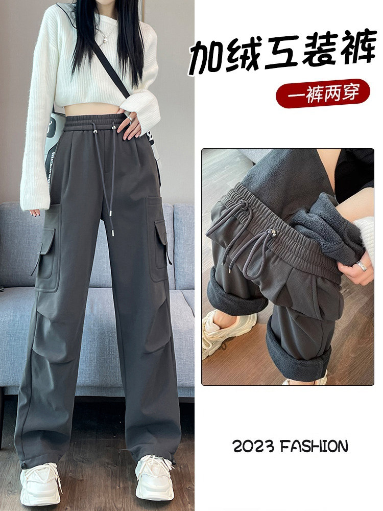 高腰工装阔腿裤女美式束脚运动裤子2025新款秋冬宽松登山休闲加绒