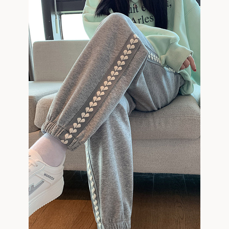 灰色束脚显瘦高腰运动裤女宽松哈伦裤2025春秋小个子爱心加绒休闲