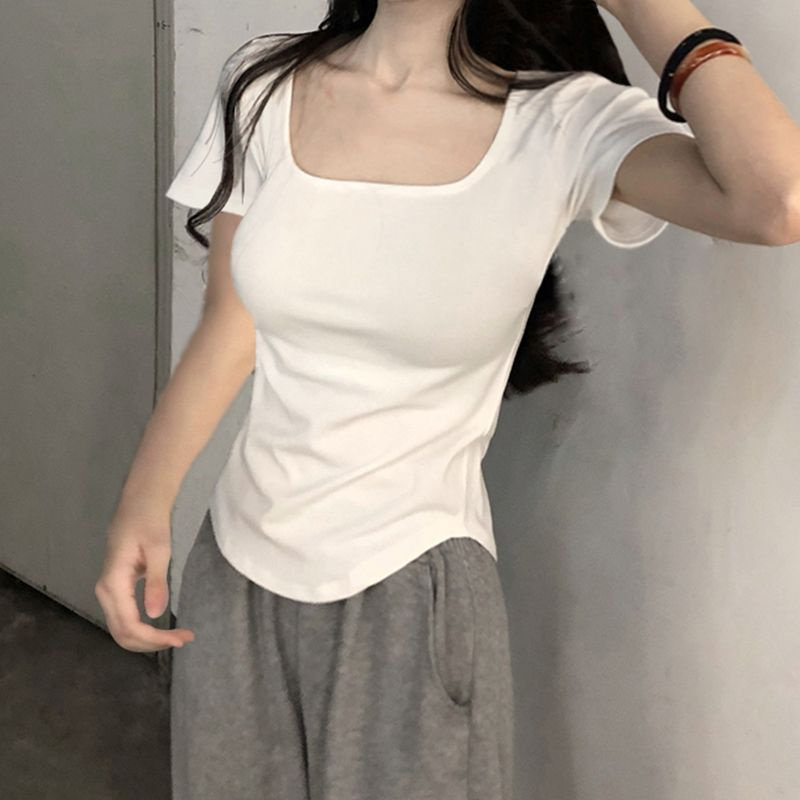纯色短款方领短袖T恤女不规则T恤上衣2026春夏新款洋派修身休闲