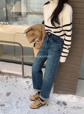ckly1807哈伦牛仔裤女冬加绒2023年新款宽松男友裤梨形显瘦萝卜裤