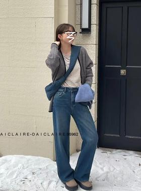 代嘉儿96962加绒牛仔裤女秋冬直筒裤高腰蓝色长裤拖地裤显瘦窄版