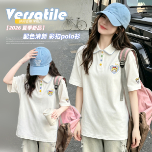 女大童学院风POLO领刺绣短袖T恤初中生女童2026超火白色洋气上衣T