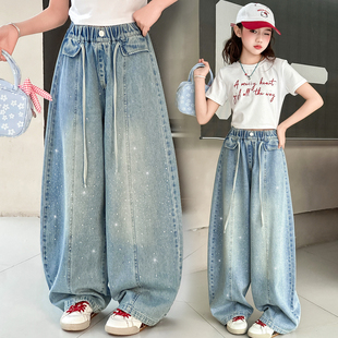 女童2026春款满天星烫钻牛仔裤松紧腰独特超好看弯刀裤洋气休闲裤