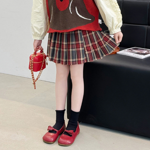 女童半身裙2024春装新款女大童洋气红色格子裙百褶短裙儿童学院风