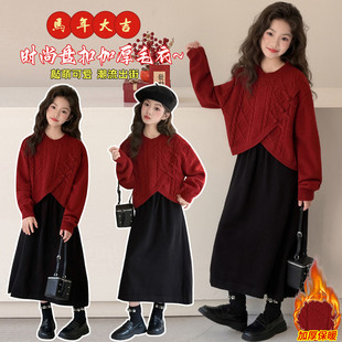 女童加厚毛衣裙两件套红色新年装连衣裙套装秋冬拜年服新中式裙子