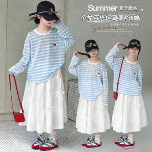 女童春夏装薄款条纹长袖T恤中大儿童女孩宽松慵懒风独特防晒上衣T