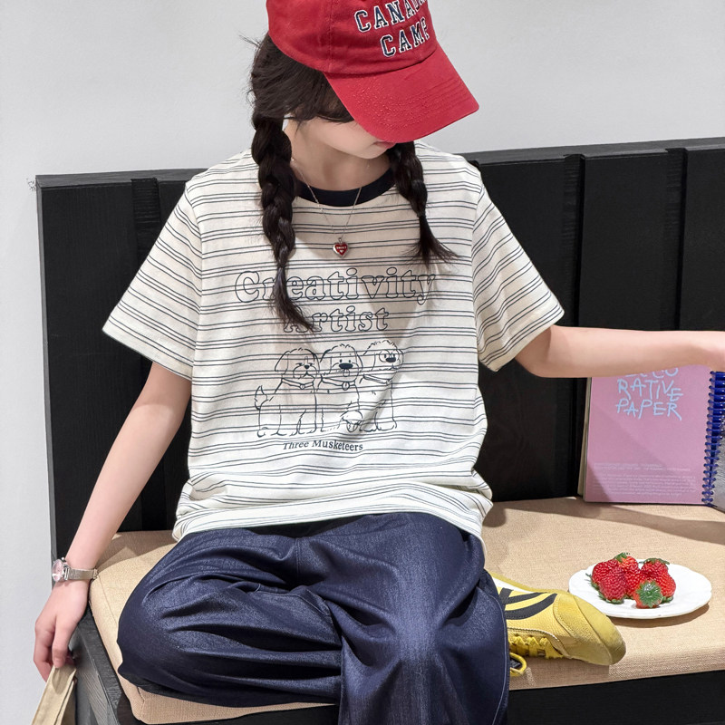 女童条纹短袖T恤2026新款女孩卡通小狗休闲半恤10岁初中学生上衣T