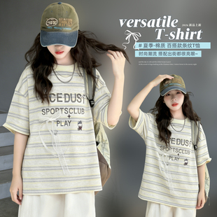 2026超火女童装短袖夏季条纹T恤宽松字母半袖上衣独特超好看夏装T