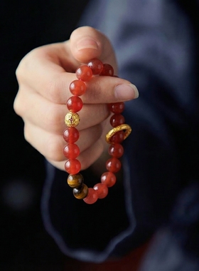 女款2025年新款天然水晶红玛瑙黄虎眼手串转运情侣手链本命年礼物