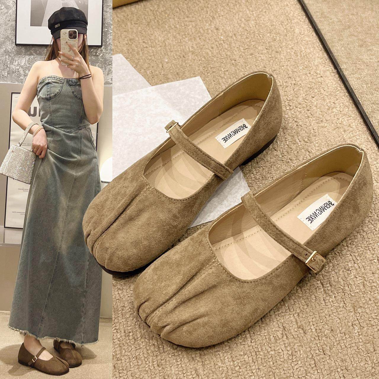 温柔浅口法式平底褶皱单鞋女2025春季软底圆头一脚蹬奶奶鞋瓢鞋子