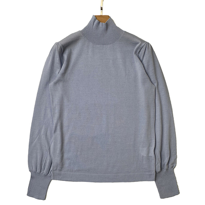 羊毛衫女士 纯羊毛精纺美利奴半高领打底毛衣淡蓝色灯笼袖薄款