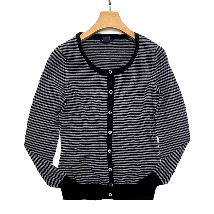 条纹精纺美利奴纯羊毛开衫OL圆领