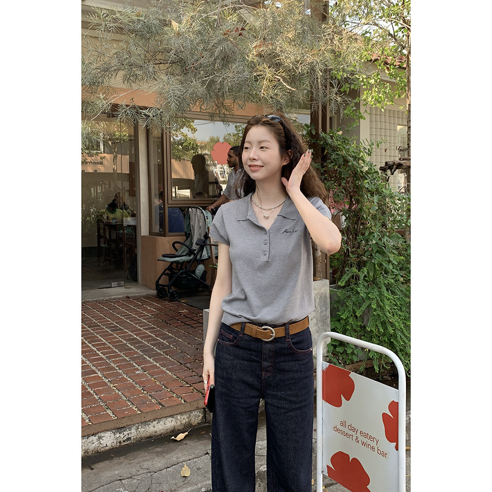 HelloooEat американская ретро вышитая вязаная рубашка с воротником поло повседневная универсальная приталенная с короткими рукавами