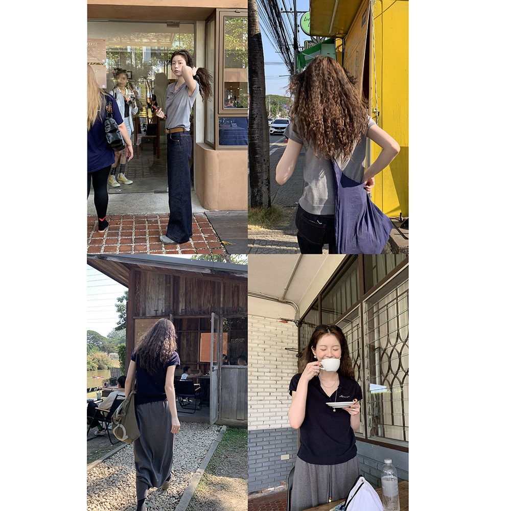 HelloooEat американская ретро вышитая вязаная рубашка с воротником поло повседневная универсальная приталенная с короткими рукавами