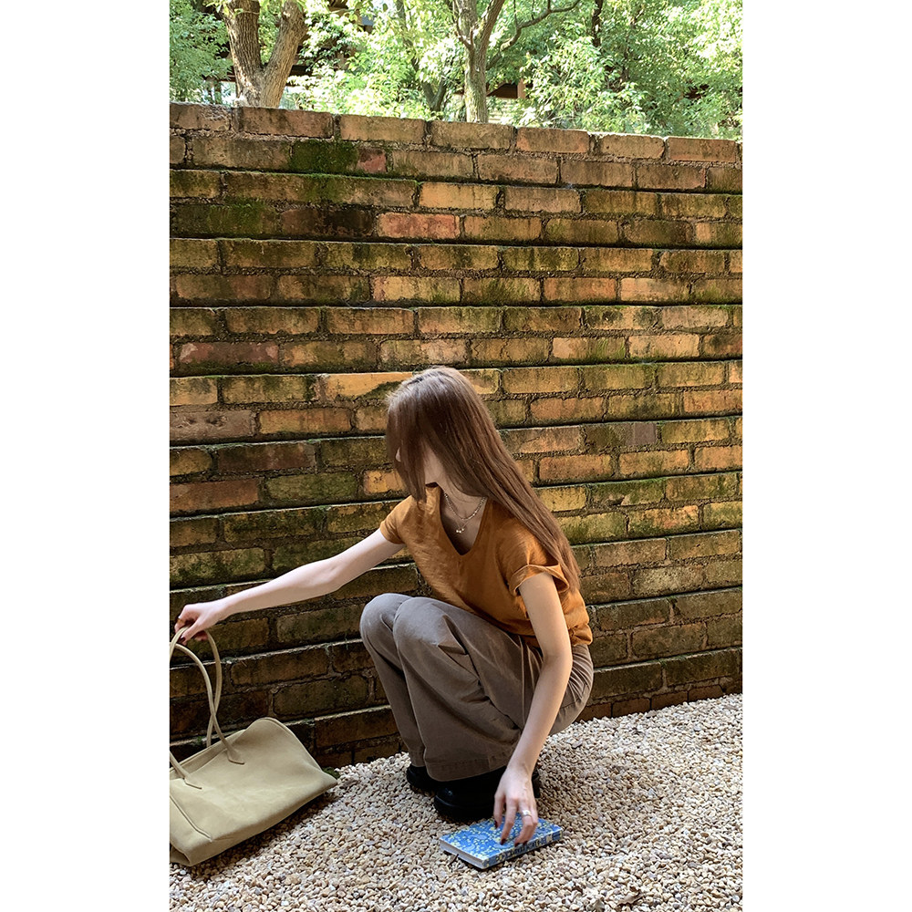 Hellooo Eat деловая ретро футболка с V-образным вырезом и короткими рукавами, летняя французская непринужденная тонкая хлопковая блузка с необработанными краями