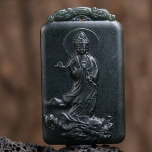 观音大牌子四六牌双面工艺背面浅浮雕天然和田玉墨玉青玉吊坠挂牌