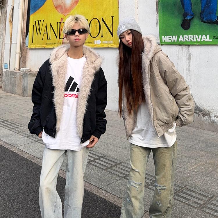 原创短款毛领连帽夹克棉服外套