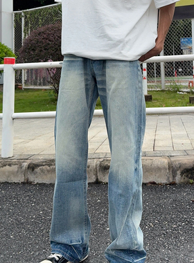 126KID 美式复古浅蓝色牛仔裤男潮牌痞帅高街宽松高级感裤子情侣