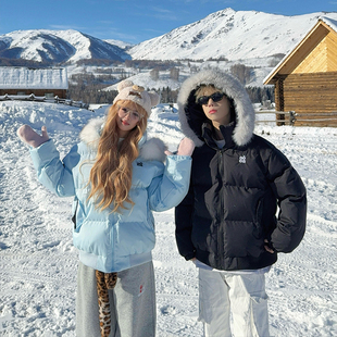 宽松情侣加厚棉袄 复古字母刺绣毛领连帽棉服男女冬季 126KID 美式