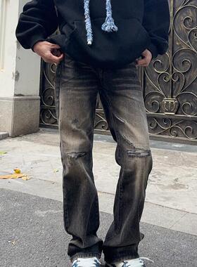 126KID 美式复古街头黑灰色破洞补丁直筒牛仔裤男水洗微喇长裤子