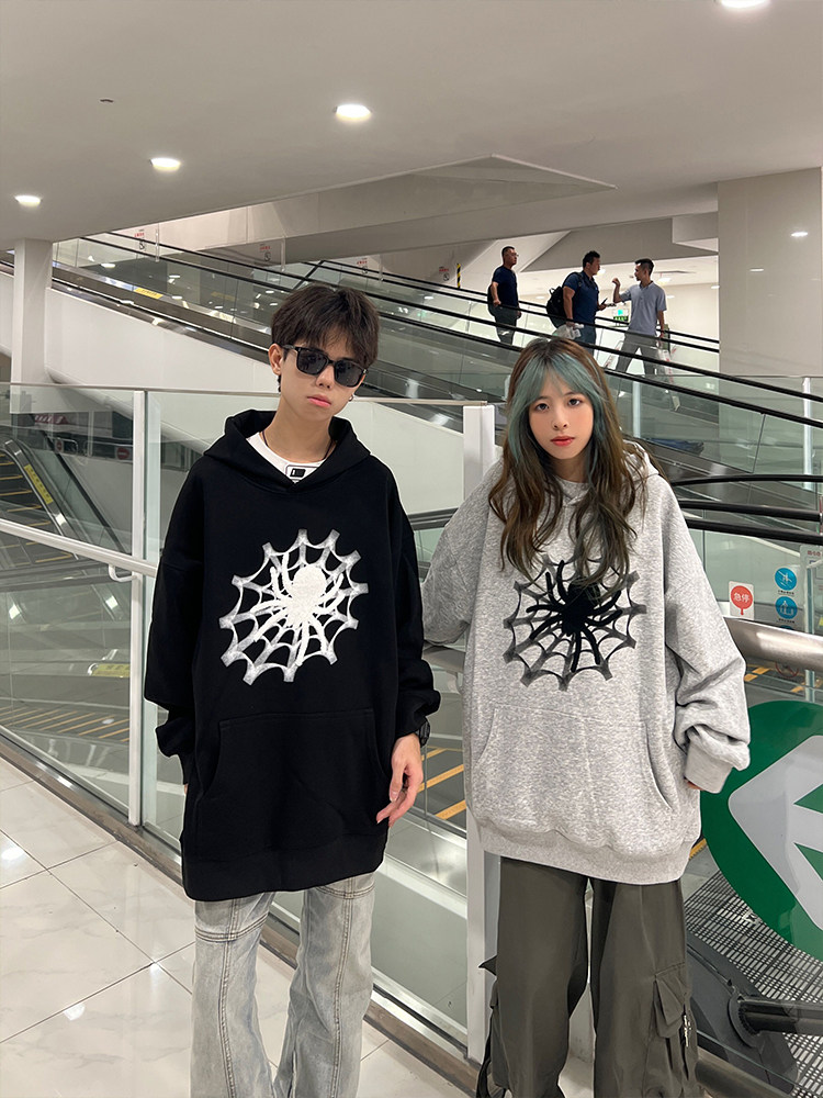 126kid 美式复古蜘蛛字母刺绣连帽卫衣男休闲百搭秋季情侣上衣ins